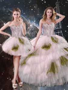 Tulle Sweetheart Sleeveless Lace Up Beading and Ruffled Layers and Sequins 15 Quinceanera Dress in Champagne
