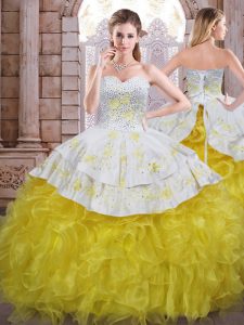 Yellow And White Ball Gowns Beading and Appliques and Ruffles 15th Birthday Dress Lace Up Organza Sleeveless Floor Length