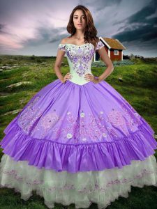 Great Floor Length Lavender Sweet 16 Quinceanera Dress Off The Shoulder Sleeveless Lace Up