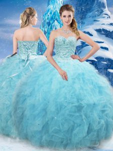 Sweetheart Sleeveless Quinceanera Dresses Floor Length Beading and Pick Ups Aqua Blue Tulle
