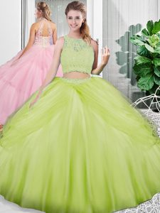 Sleeveless Tulle Floor Length Lace Up 15 Quinceanera Dress in Yellow Green with Lace and Ruching