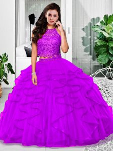Custom Design Lace and Ruffles 15th Birthday Dress Eggplant Purple Zipper Sleeveless Floor Length