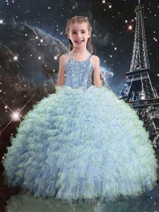 Light Blue Organza Lace Up Little Girl Pageant Dress Sleeveless Floor Length Beading and Ruffles