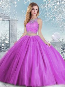 Scoop Sleeveless Sweet 16 Dresses Floor Length Beading and Sequins Lilac Tulle