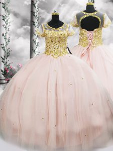 Clearance Pink Scoop Lace Up Beading Sweet 16 Quinceanera Dress Short Sleeves