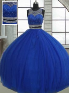 Beading and Sequins Quinceanera Dress Royal Blue Clasp Handle Sleeveless Floor Length