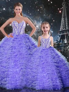 Comfortable Lavender Tulle Lace Up Quinceanera Dresses Sleeveless Floor Length Beading and Ruffles