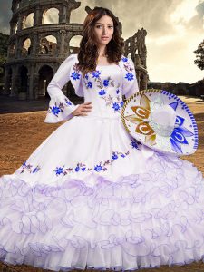 New Arrival Royal Blue 15th Birthday Dress Military Ball and Sweet 16 and Quinceanera with Embroidery and Ruffled Layers Square Long Sleeves Lace Up