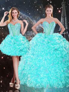 Adorable Aqua Blue Quinceanera Gown Military Ball and Sweet 16 and Quinceanera with Beading and Ruffles Strapless Sleeveless Lace Up