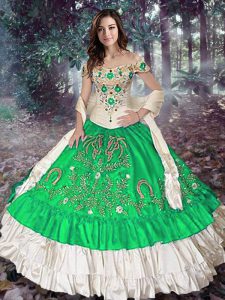 Fine Sleeveless Taffeta Floor Length Lace Up Quinceanera Dresses in Green with Embroidery and Ruffled Layers