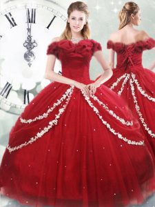Lace Up Sweet 16 Dress Wine Red for Military Ball and Sweet 16 and Quinceanera with Appliques and Pick Ups Brush Train