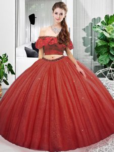Coral Red Quinceanera Dresses Military Ball and Sweet 16 and Quinceanera with Lace Off The Shoulder Sleeveless Lace Up