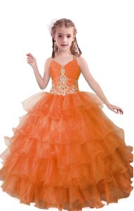 Fancy Floor Length Zipper Little Girls Pageant Dress Wholesale Orange Red for Quinceanera and Wedding Party with Beading and Ruffled Layers
