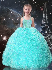 Beading and Ruffles Pageant Gowns For Girls Turquoise Lace Up Sleeveless Floor Length