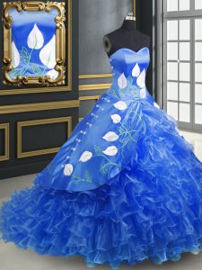 Glittering Lace Up Vestidos de Quinceanera Blue for Military Ball and Sweet 16 and Quinceanera with Embroidery and Ruffles Brush Train