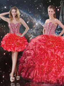 Coral Red Sleeveless Organza Lace Up 15th Birthday Dress for Military Ball and Sweet 16 and Quinceanera