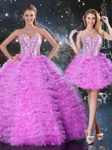 Sweetheart Sleeveless Quinceanera Gown Floor Length Beading and Ruffled Layers Fuchsia Organza