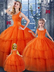 Straps Sleeveless Quinceanera Gowns Floor Length Ruffled Layers Orange Red Organza