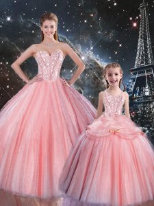 Fashionable Ball Gowns Quince Ball Gowns Pink Sweetheart Tulle Sleeveless Floor Length Lace Up