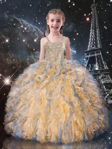 Customized Champagne Straps Neckline Beading and Ruffles Girls Pageant Dresses Sleeveless Lace Up