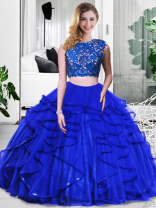 New Style Royal Blue Zipper Scoop Lace and Ruffles Sweet 16 Dress Tulle Sleeveless
