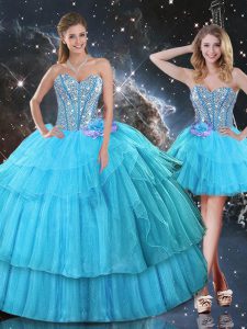 Modest Floor Length Ball Gowns Sleeveless Aqua Blue Quinceanera Dress Lace Up
