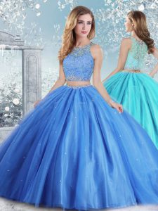 Ball Gowns Quinceanera Gown Baby Blue Scoop Tulle Sleeveless Floor Length Clasp Handle