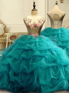 Popular Teal Sleeveless Organza Lace Up Quinceanera Gown for Military Ball and Sweet 16 and Quinceanera