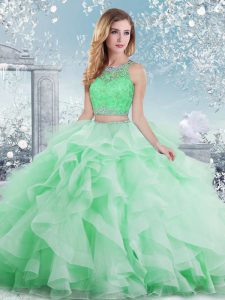 Custom Designed Apple Green Sleeveless Organza Clasp Handle Quince Ball Gowns for Military Ball and Sweet 16 and Quinceanera
