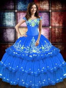 Excellent Blue Taffeta Lace Up Quince Ball Gowns Sleeveless Floor Length Embroidery and Ruffled Layers