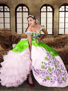 Floor Length Lace Up Quince Ball Gowns Multi-color for Military Ball and Sweet 16 and Quinceanera with Embroidery and Ruffled Layers