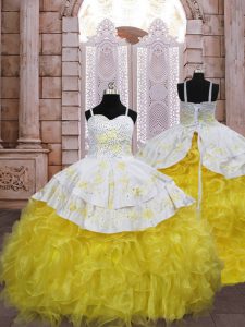 Gold Organza Lace Up Little Girl Pageant Gowns Sleeveless Brush Train Embroidery and Ruffles