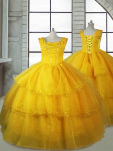 Affordable Gold V-neck Lace Up Ruffled Layers Little Girls Pageant Gowns Sleeveless