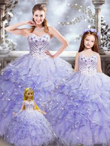 Decent Floor Length Lavender Quinceanera Gowns Organza Sleeveless Beading and Ruffles