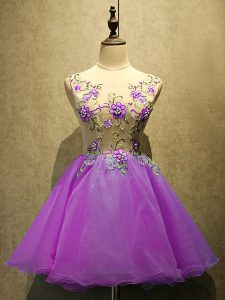 Romantic Sleeveless Organza Mini Length Lace Up Prom Dress in Purple with Embroidery