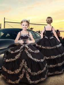 Taffeta Spaghetti Straps Sleeveless Lace Up Embroidery and Ruffled Layers Pageant Gowns For Girls in Black