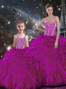 Great Beading and Ruffles Quinceanera Dresses Fuchsia Lace Up Sleeveless Floor Length
