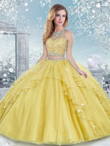 Gold Two Pieces Tulle Scoop Sleeveless Beading and Lace Floor Length Clasp Handle Quinceanera Dresses