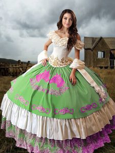 Customized Multi-color Ball Gowns Off The Shoulder Sleeveless Taffeta Floor Length Lace Up Embroidery and Ruffled Layers Quinceanera Gowns