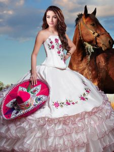 White Quinceanera Dresses Military Ball and Sweet 16 and Quinceanera with Embroidery and Ruffled Layers Strapless Sleeveless Lace Up