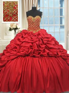 Sleeveless Taffeta Brush Train Lace Up Sweet 16 Dresses in Red with Beading and Pick Ups