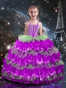Floor Length Multi-color Kids Pageant Dress Organza Sleeveless Beading and Ruffled Layers