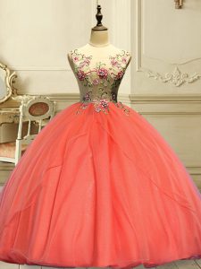 Exquisite Scoop Sleeveless Lace Up Quinceanera Dress Orange Red Organza