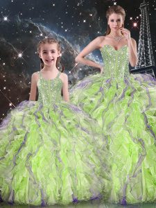 Smart Organza Sweetheart Sleeveless Lace Up Beading and Ruffles Quinceanera Gown in Yellow Green