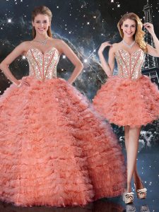 Romantic Floor Length Lace Up 15th Birthday Dress Watermelon Red for Military Ball and Sweet 16 and Quinceanera with Beading and Ruffled Layers