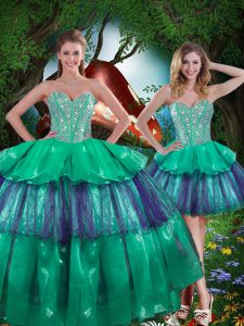 Sexy Sweetheart Sleeveless Quinceanera Dress Floor Length Beading and Ruffled Layers Turquoise Organza