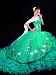 Sleeveless Organza Brush Train Lace Up Vestidos de Quinceanera in Turquoise with Embroidery and Ruffles