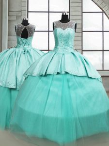 Scoop Sleeveless Quince Ball Gowns Brush Train Beading Turquoise Tulle
