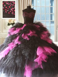 Pink And Black Sleeveless Beading and Ruffles Floor Length Ball Gown Prom Dress