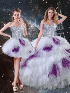 Multi-color Lace Up 15th Birthday Dress Beading and Ruffled Layers and Sequins Sleeveless Floor Length